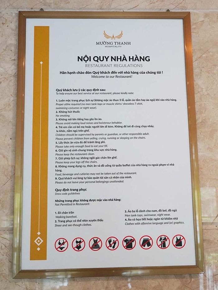 Quy định không hút thuốc lá được đưa vào nội quy tại nhà hàng, khách sạn Mường Thanh Luxury Cần Thơ. Ảnh: ST