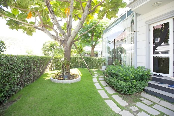 Không gian sân vườn nổi bật với mảng xanh của cây cối.