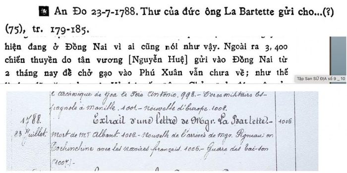 Bức thư gửi từ Ấn Độ ngày 23/7/1788 của Giám mục La Bartette.