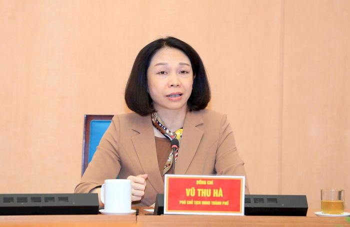 Phó Chủ tịch UBND thành phố Vũ Thu Hà phát biểu tại cuộc họp. Ảnh: Viết Thành