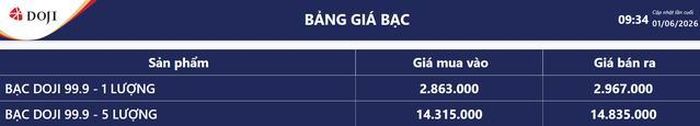 Giá bạc hôm nay 1/6: Bảng giá bạc tại DOJI.