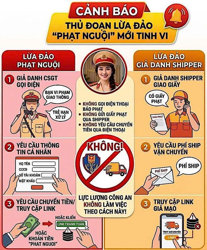 Theo Cục CSGT, lực lượng công an không gọi điện thông báo phạt nguội, không gửi giấy phạt qua shipper và không yêu cầu chuyển tiền qua điện thoại (ảnh Cục CSGT).