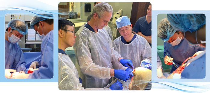 Bác sĩ Thái Bảo mổ thực hành tại Trung tâm phẫu thuật Chỉnh hình Tricounty Orthopedics, Cedar Knolis, New Jersey, Hoa Kỳ (ảnh giữa) và thực hành phẫu thuật cho bệnh nhân tại BV Trung ương Huế (hai ảnh bên).