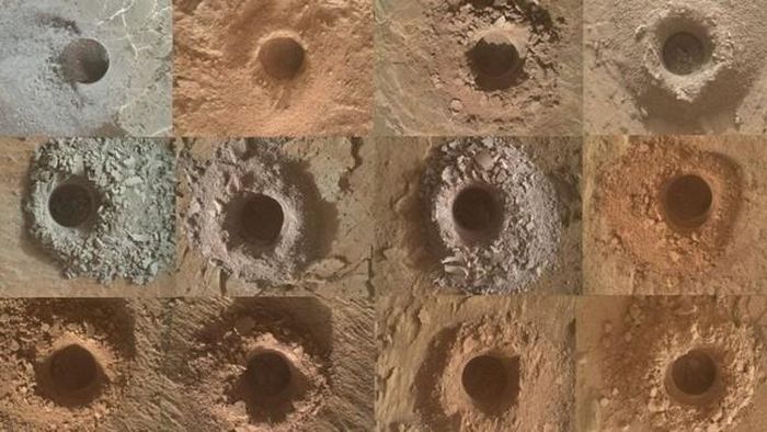 Hình ảnh 20 mẫu đá từ hố va chạm Gale được thiết bị hóa-khoáng CheMin của xe tự hành Curiosity phân tích. Ảnh: NASA