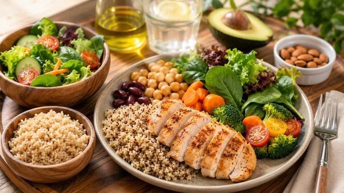 Bữa ăn giàu rau xanh, ngũ cốc nguyên hạt và protein giúp hỗ trợ kiểm soát chuyển hóa liên quan đến gan nhiễm mỡ.