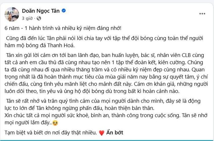 Doãn Ngọc Tân viết tâm thư chia tay Thanh Hóa. Ảnh: FB Doãn Ngọc Tân.