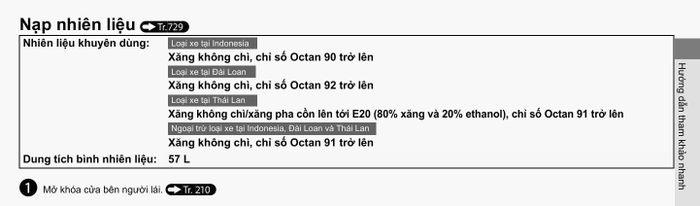 Tài liệu hướng dẫn sử dụng của xe sẽ có lưu ý về loại nhiên liệu khuyên dùng.