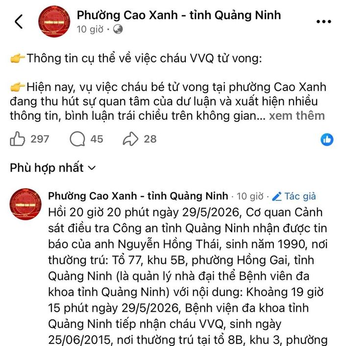 Fanpage của phường Cao Xanh đăng thông tin về vụ việc