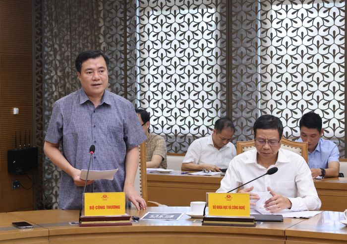 Thứ trưởng Bộ Công Thương Nguyễn Sinh Nhật Tân báo cáo về tình hình triển khai, phân phối xăng E10. Ảnh: Lâm Khánh - TTXVN