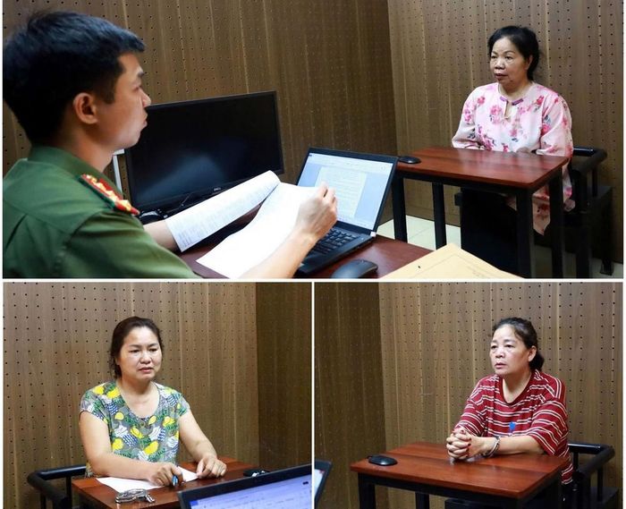 Các đối tượng Phạm Tuyết Lê (trên), Vũ Thị Chuyền (trái) và Kiều Thị Thúy Hường (phải) tại Cơ quan Công an