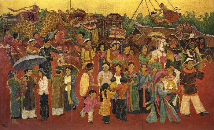 Tranh "Lễ hội làng Triều Khúc", chất liệu sơn mài.