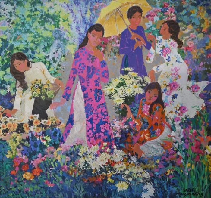 Tranh "Năm cô gái bên hoa", chất liệu sơn dầu.