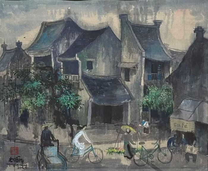 Tranh "Phố Hàng Bè", chất liệu bột màu.