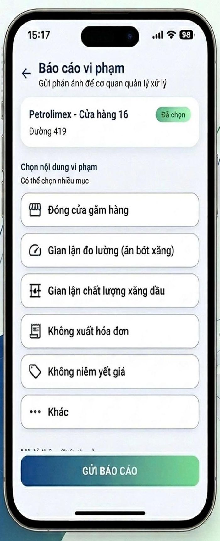  Người dân có thể báo cáo cây xăng vi phạm thông qua ứng dụng. Ảnh: DMS 