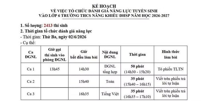 Lịch thi đánh giá năng lực tuyển sinh vào lớp 6 Trường THCS Năng khiếu, Trường ĐH Sư phạm Hà Nội.