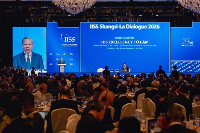Tổng Bí thư, Chủ tịch nước Tô Lâm phát biểu tại Đối thoại Shangri-La. Ảnh: IISS.