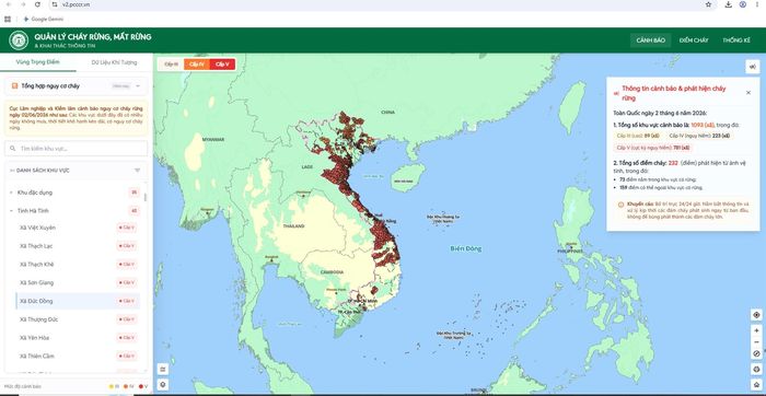 Giao diện trang web của Cục Lâm nghiệp và Kiểm lâm về cảnh báo cháy rừng (ảnh chụp thời điểm 15h30' ngày 2/6).