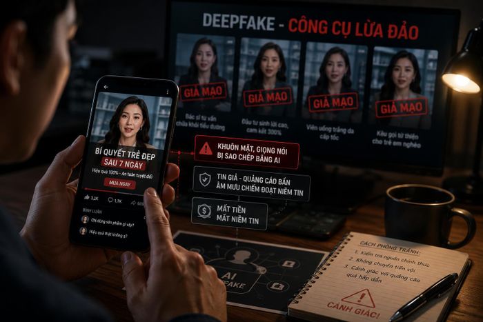 Ảnh minh họa tình trạng deepfake giả mạo gương mặt, giọng nói nghệ sĩ để quảng cáo sai sự thật và lừa đảo người dùng trên mạng xã hội. Ảnh: AI