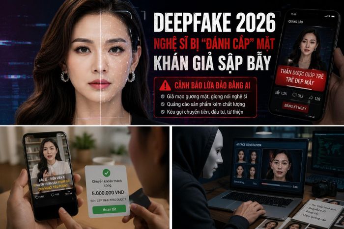 Deepfake giả mạo gương mặt nghệ sĩ để lừa đảo khán giả trên mạng xã hội. Ảnh minh họa/AI