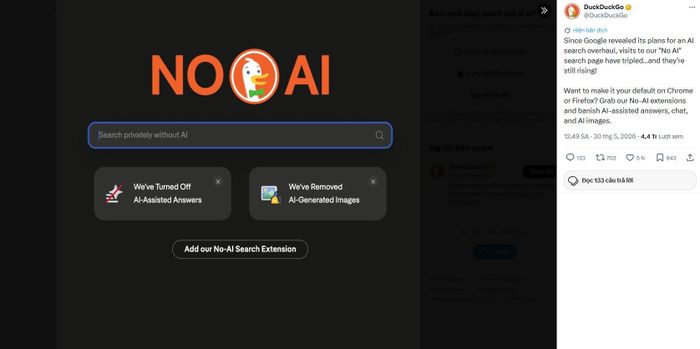 Lượng truy cập vào trang tìm kiếm "không AI" của DuckDuckGo đã tăng gấp ba lần chỉ trong vài ngày cuối tháng 5/2026