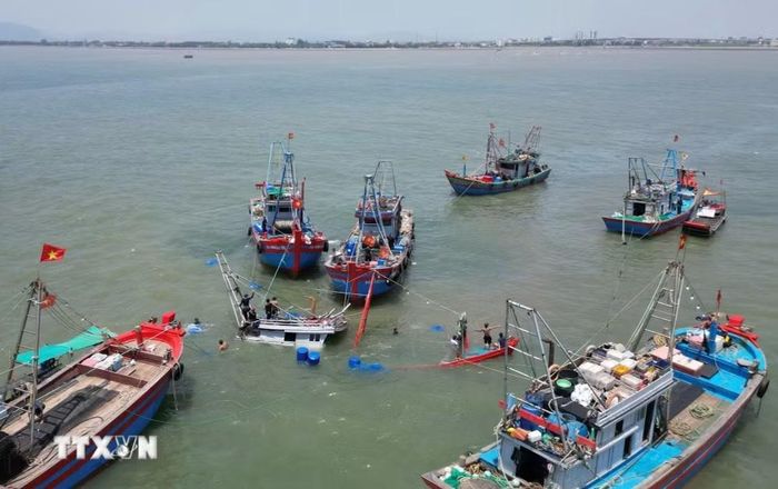 Nhiều phương tiện tàu cá và ngư dân thuộc Nghiệp đoàn nghề cá Diễn Bích và Nghiệp đoàn nghề cá Diễn Ngọc (xã Diễn Châu, tỉnh Nghệ An) đã tiếp cận hiện trường, phối hợp triển khai các phương án để trục vớt tàu bị nạn. (Ảnh: Xuân Tiến/TTXVN)
