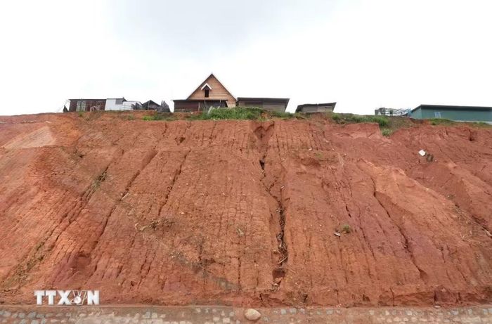 Bờ taluy đất cao hàng chục mét có nguy cơ sạt lở, đe dọa nhiều nhà dân phía bên trên. (Ảnh: Nguyễn Dũng/TTXVN)