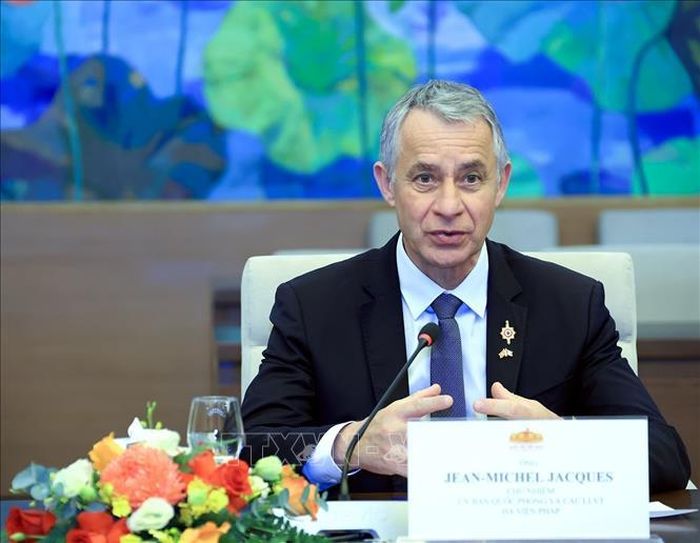 Chủ nhiệm Ủy ban Quốc phòng và các lực lượng vũ trang Hạ viện Pháp Jean-Michel Jacques phát biểu. Ảnh: Tuấn Anh/TTXVN