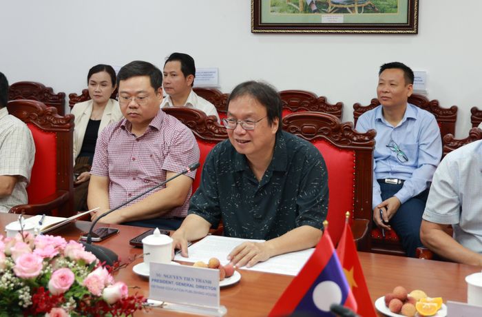 Ông Nguyễn Tiến Thanh - Tổng Giám đốc NXBGDVN phát biểu tại buổi làm việc.