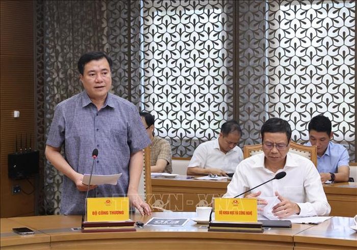 Thứ trưởng Bộ Công Thương Nguyễn Sinh Nhật Tân báo cáo về tình hình triển khai, phân phối xăng E10. Ảnh: Lâm Khánh/TTXVN
