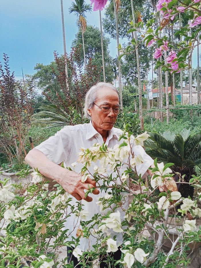 Ông Đào Xá chăm sóc khu vườn xanh mát quanh nhà ở thôn Bích Khê, xã Ái Tử. Sau 5 năm từ bỏ thuốc lá, việc làm vườn trở thành niềm vui giúp ông duy trì cuộc sống khỏe mạnh - Ảnh: Phương Thiện