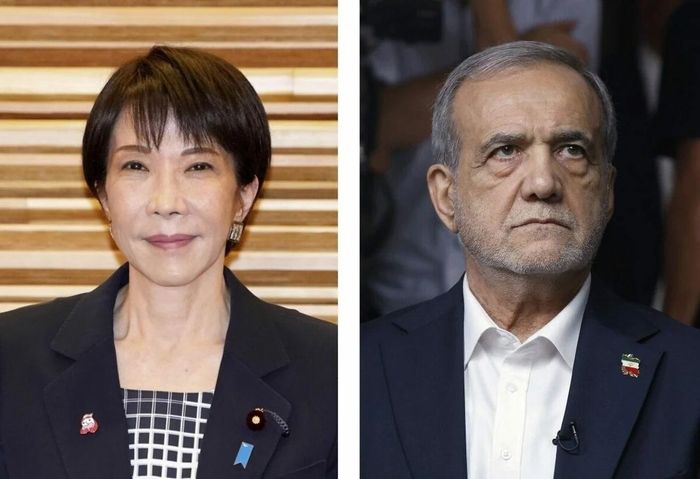 Tổng thống Iran Masoud Pezeshkian (phải) và Thủ tướng Nhật Bản Sanae Takaichi. Ảnh: Kyodo