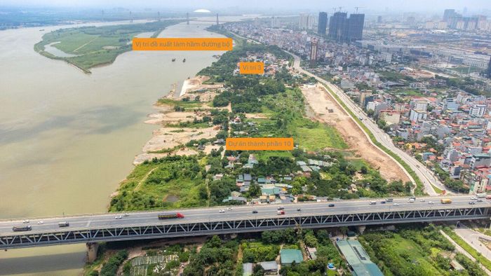 Điểm kết thúc ở vị trí 3 của cụm công viên được đề xuất làm hầm đường bộ vượt sông Hồng, thuộc tuyến Vành đai 2,5, dự kiến sẽ kết nối từ KĐT Ciputra lên Quốc lộ 5.