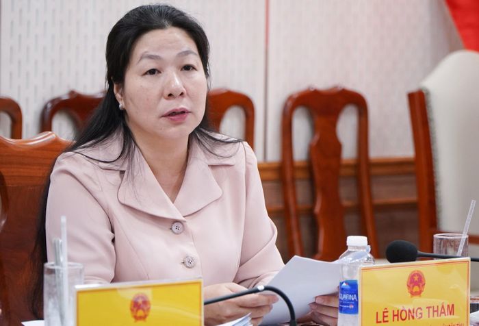 Ủy viên Ban Thường vụ Tỉnh ủy, Phó Chủ tịch Thường trực HĐND tỉnh An Giang Lê Hồng Thắm phát biểu tại phiên họp.