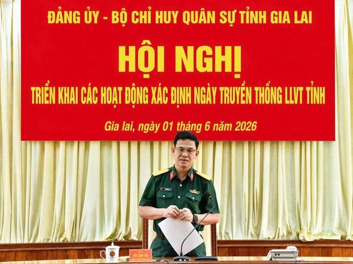 Đại tá Võ Tấn Tài - Chính ủy Bộ Chỉ huy quân sự tỉnh phát biểu kết luận hội nghị. Ảnh: Anh Tuấn
