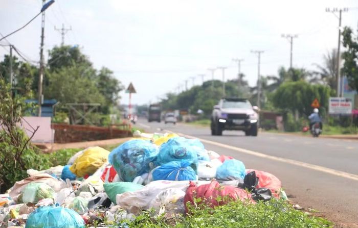  Bãi rác nằm ngay bên quốc lộ 14 không những gây ô nhiễm môi trường mà còn mất mỹ quan trên tuyến đường huyết mạch của tỉnh. Ảnh: Quang Tấn 