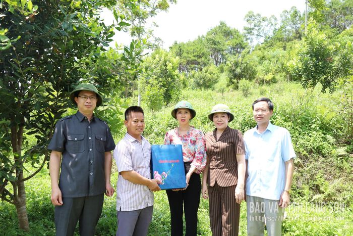 Đồng chí Đoàn Thu Hà, Phó Bí thư Tỉnh ủy, Trưởng Đoàn đại biểu Quốc hội tỉnh, Chủ tịch Ủy ban MTTQ Việt Nam tỉnh tặng quà đại diện gia đình có mô hình trồng bưởi, mác ca