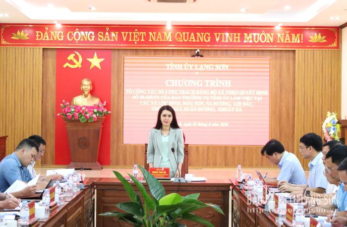 Đồng chí Đoàn Thu Hà, Phó Bí thư Tỉnh ủy, Trưởng Đoàn đại biểu Quốc hội tỉnh, Chủ tịch Ủy ban MTTQ Việt Nam tỉnh phát biểu tại buổi làm việc