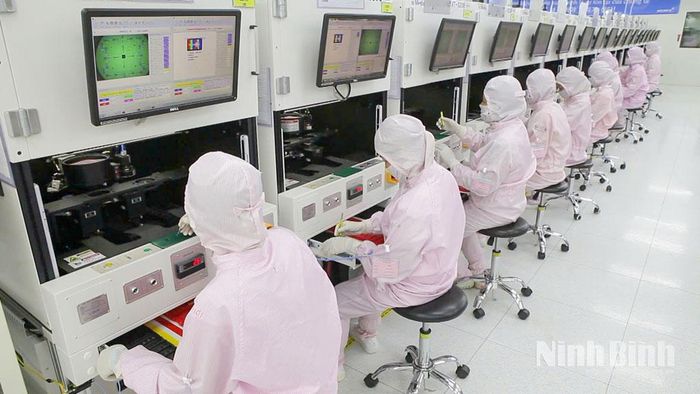 Ngành sản xuất sản phẩm điện tử, máy vi tính tiếp tục giữ vai trò dẫn dắt tăng trưởng công nghiệp. Trong ảnh: Dây chuyền sản xuất của Nhà máy McNex Vina, KCN Phúc Sơn.