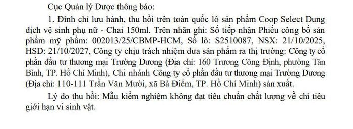 Lô sản phẩm Coop Select Dung dịch vệ sinh phụ nữ - chai 150ml bị phát hiện không đạt tiêu chuẩn vi sinh vật.