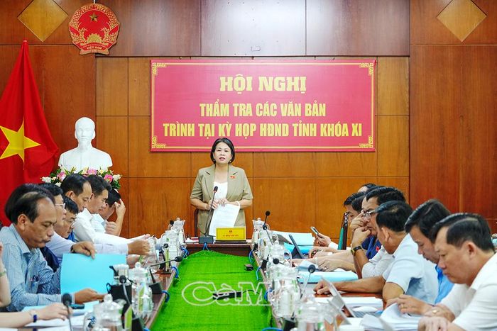 Bà Vũ Hồng Như Yến, Trưởng Ban Kinh tế - Ngân sách HĐND tỉnh Cà Mau, phát biểu tại hội nghị thẩm tra các văn bản trình Kỳ họp HĐND tỉnh khóa XI. Bà Yến đề nghị các đại biểu tập trung nghiên cứu, đóng góp ý kiến đối với từng dự thảo nghị quyết, nhằm bảo đảm tính khả thi, phù hợp với tình hình thực tế của địa phương.
