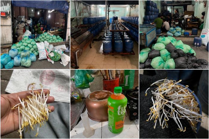  Hàng trăm kg giá đỗ ngâm hóa chất cấm cùng nhiều tang vật bị lực lượng chức năng phát hiện, thu giữ. Ảnh: CA TP.HCM 