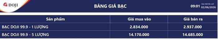Giá bạc hôm nay 2/6: Bảng giá bạc tại DOJI.