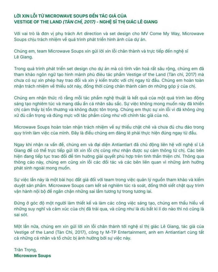 Lời xin lỗi của đơn vị tham gia phát triển hình ảnh cho MV Come My Way
