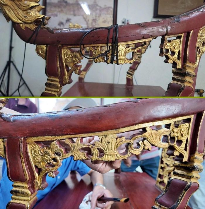 Phần bệ tì tay bên trái của ngai đã được phục chế, đảm bảo các yêu cầu về quy định về bảo tồn di sản. Ảnh: V.Minh