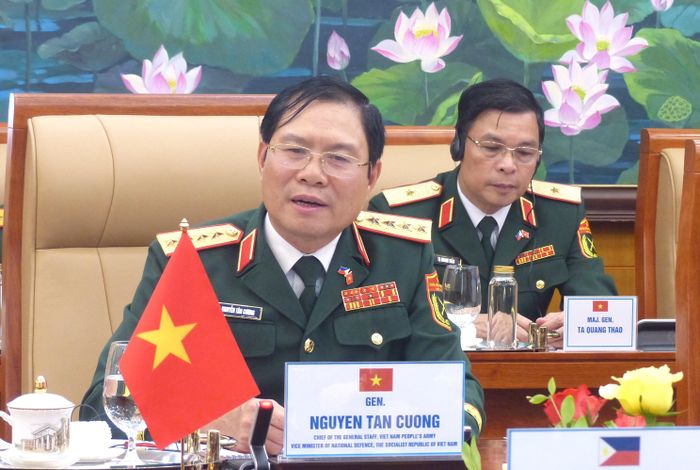  Đại tướng Nguyễn Tân Cương phát biểu tại hội đàm. Ảnh: TRẦN BÌNH 