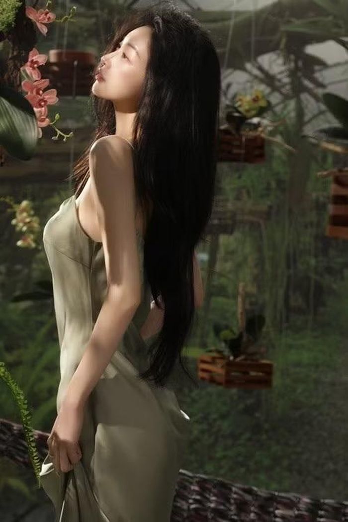 Thiết kế lụa ôm dáng cùng tông màu trung tính làm nổi bật vóc dáng mảnh mai của Jun Vũ. Sau nhiều năm hoạt động nghệ thuật, cô thường được đánh giá cao ở khả năng biến hóa giữa vẻ đẹp mong manh và hình ảnh trưởng thành.