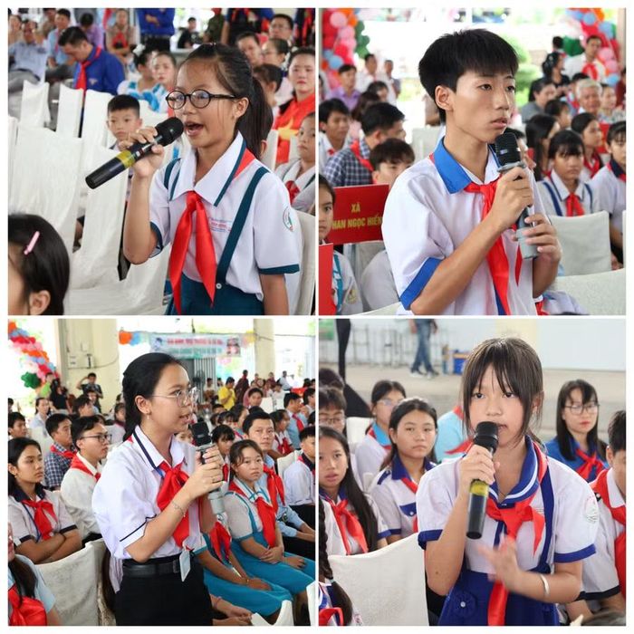 Các em học sinh nêu ý kiến tại buổi gặp gỡ lãnh đạo tỉnh.