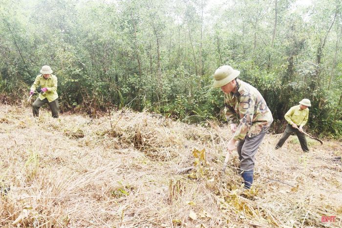 Cán bộ Tổ BVR Sông Rác thu dọn thực bì, giảm thiểu nguồn gây cháy.