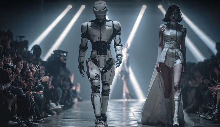 Robot hình người trên sàn diễn thời trang. Ảnh minh họa tạo bởi AI. 