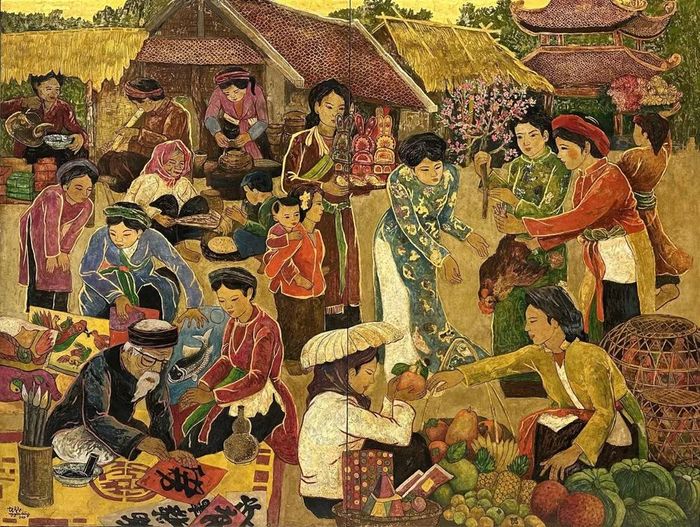 Tranh chợ Bưởi ngày Tết, 2020, sơn mài.